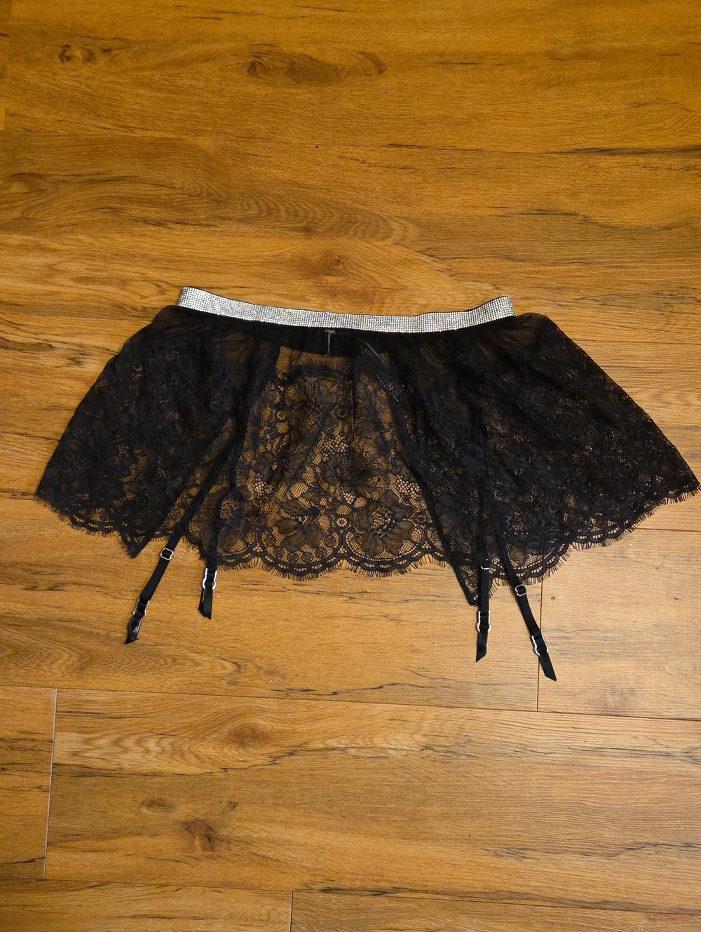 Victoria's Secret Black Lace Garter Skirt with Shine Strap Waistband